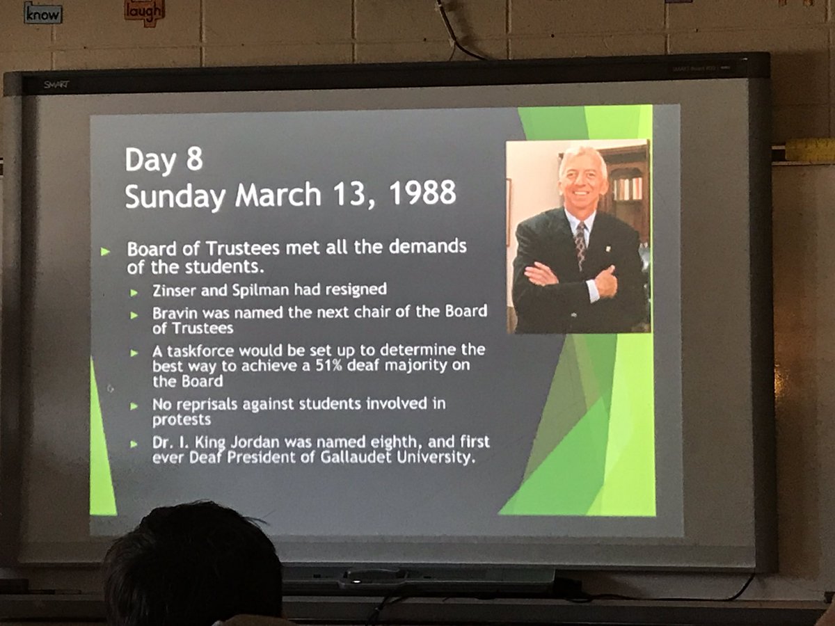 sarverteaches's tweet image. We learned so much about Deaf President Now from @MrsTooneASL ! #PeaceSignsProject #WeB4Me @CollinsNBCT