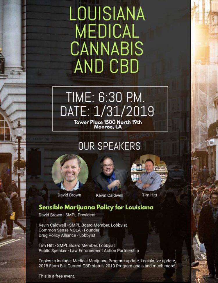 SMPLouisiana1's tweet photo. TONIGHT we gather in Monroe, #Louisiana! #cbd #medicalmarijuana #cannabisculture #cannabiscommunity #legalization #marijuanapolicy #getinvolved https://t.co/jufG3Yy82T