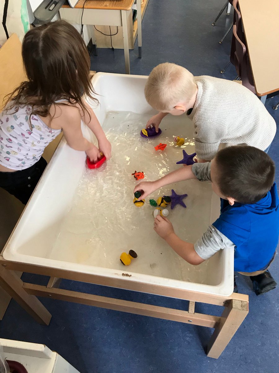 Splish Splash...learning about Buoyancy in Kindergarten today! Student explorations uncovered answers to their questions such as "Will it float?", "What happens when I push on it to make it sink?", "Why does it flip over when I let it go?" Great learning through play! #tldsb