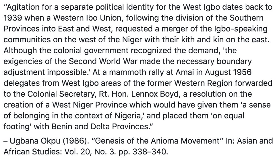 ... (The Igbo west of the Niger developed a minority consciousness which became materialised as 'Anioma' as coined by Dennis Osadebay, the founding father of the Anioma state movement.)