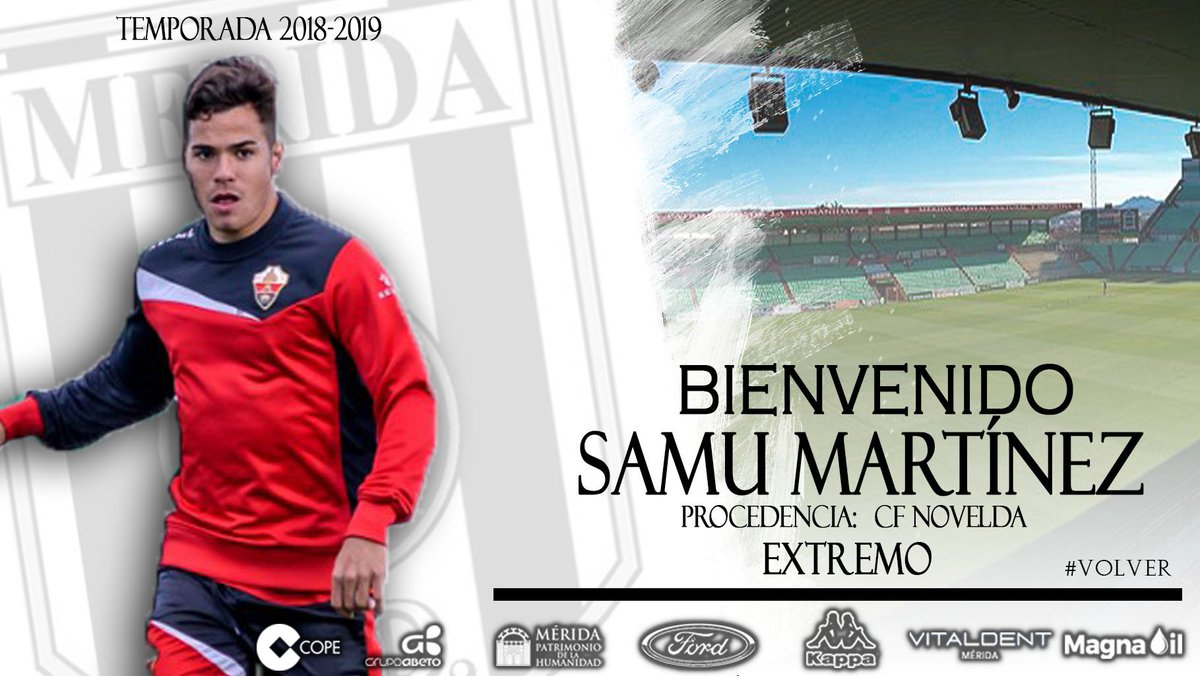 Merida_AD's tweet photo. ✔️ FICHAJE |

✍🏼 El extremo Samu Martínez, nuevo jugador del @Merida_AD

➡️ Llega procedente del @novelda_cf y se formó en la cantera del @elchecfoficial, con el que jugó en Primera y Segunda División.

🖥️ https://t.co/BnKer2IVzn https://t.co/S6Wx02y54N