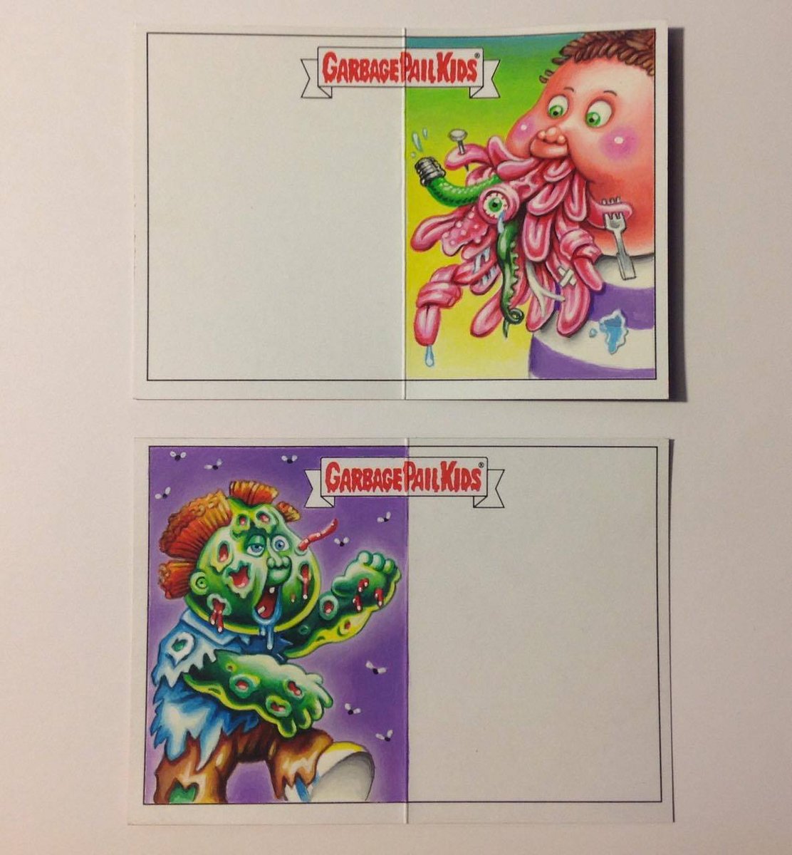 4mellowd's tweet photo. couple of panoramic cards I painted up, ready for another artist to jam on. #dgrahams #gpk #garbagepailkids #80s #geek #vintage #sketchcard https://t.co/GExFGuHjFH