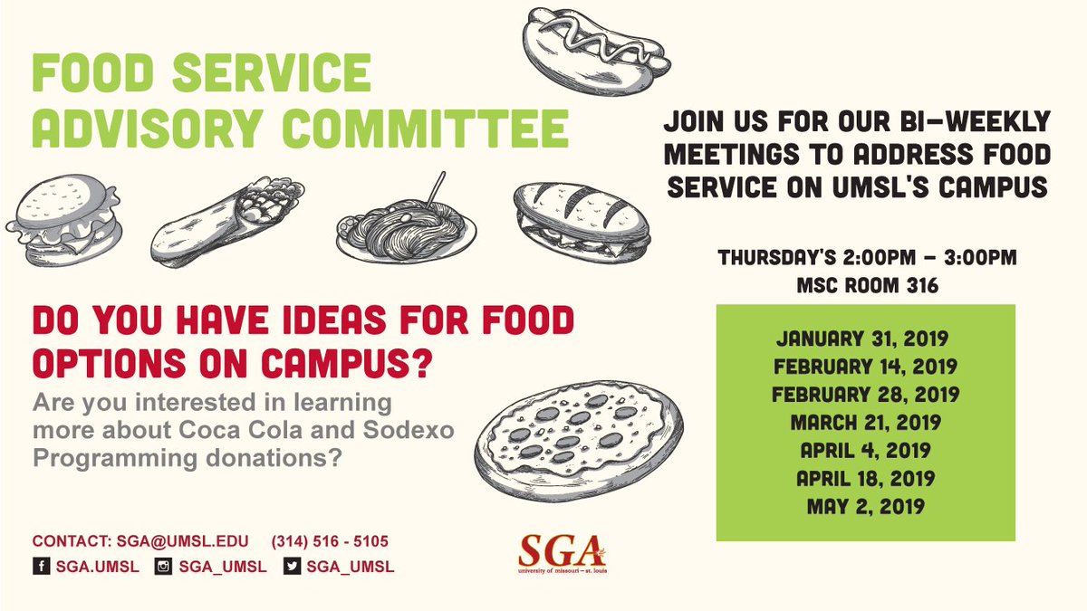 Join the Food Service Advisory Committee today for our biweekly meeting to address food service on campus!