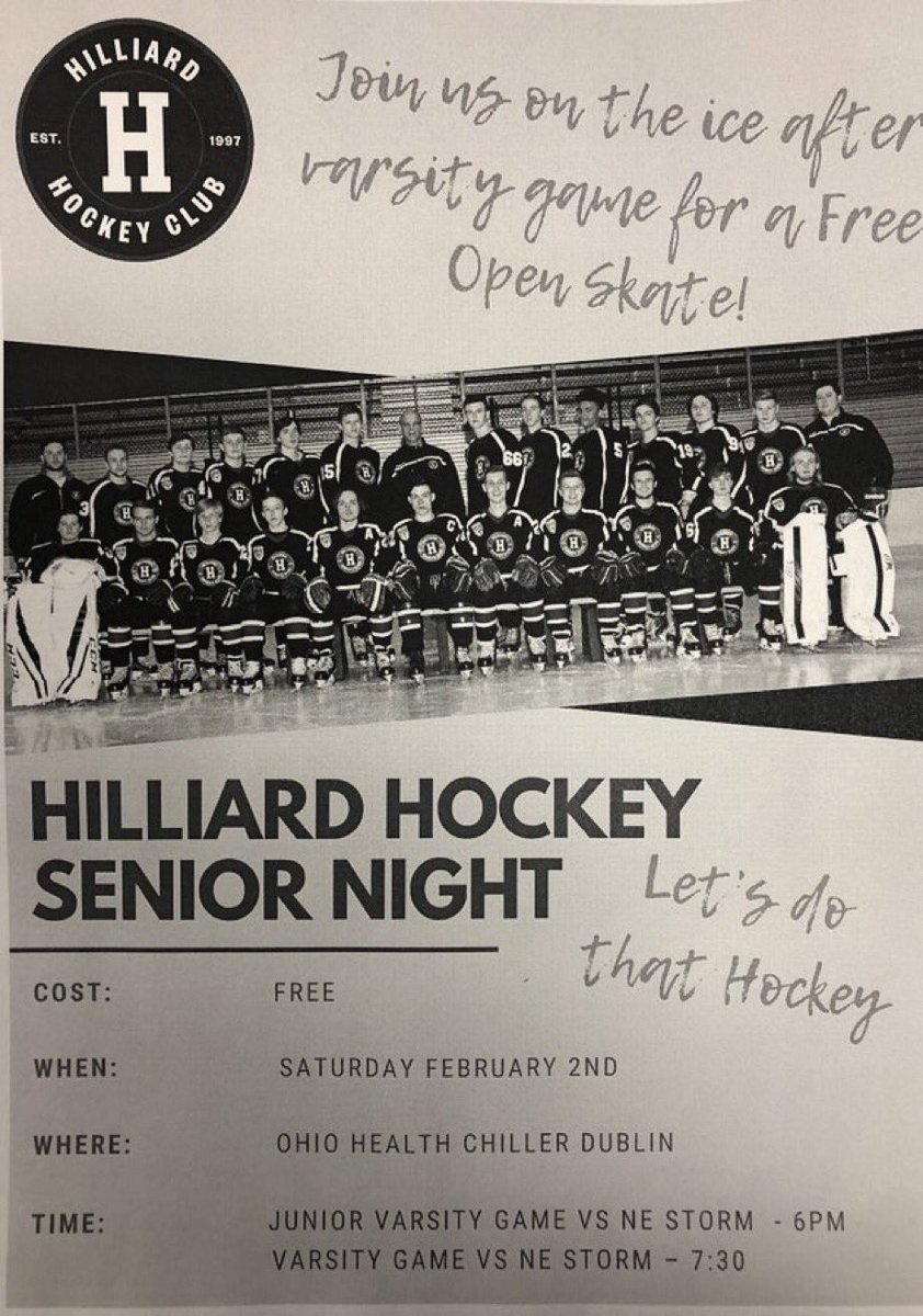 jillschlotterer's tweet photo. Come support Hilliard Hockey on Saturday! JV plays at 6pm followed by senior night to celebrate our seniors. Varsity plays at 7:30pm. Free skate afterwards https://t.co/9kNL6lhneO