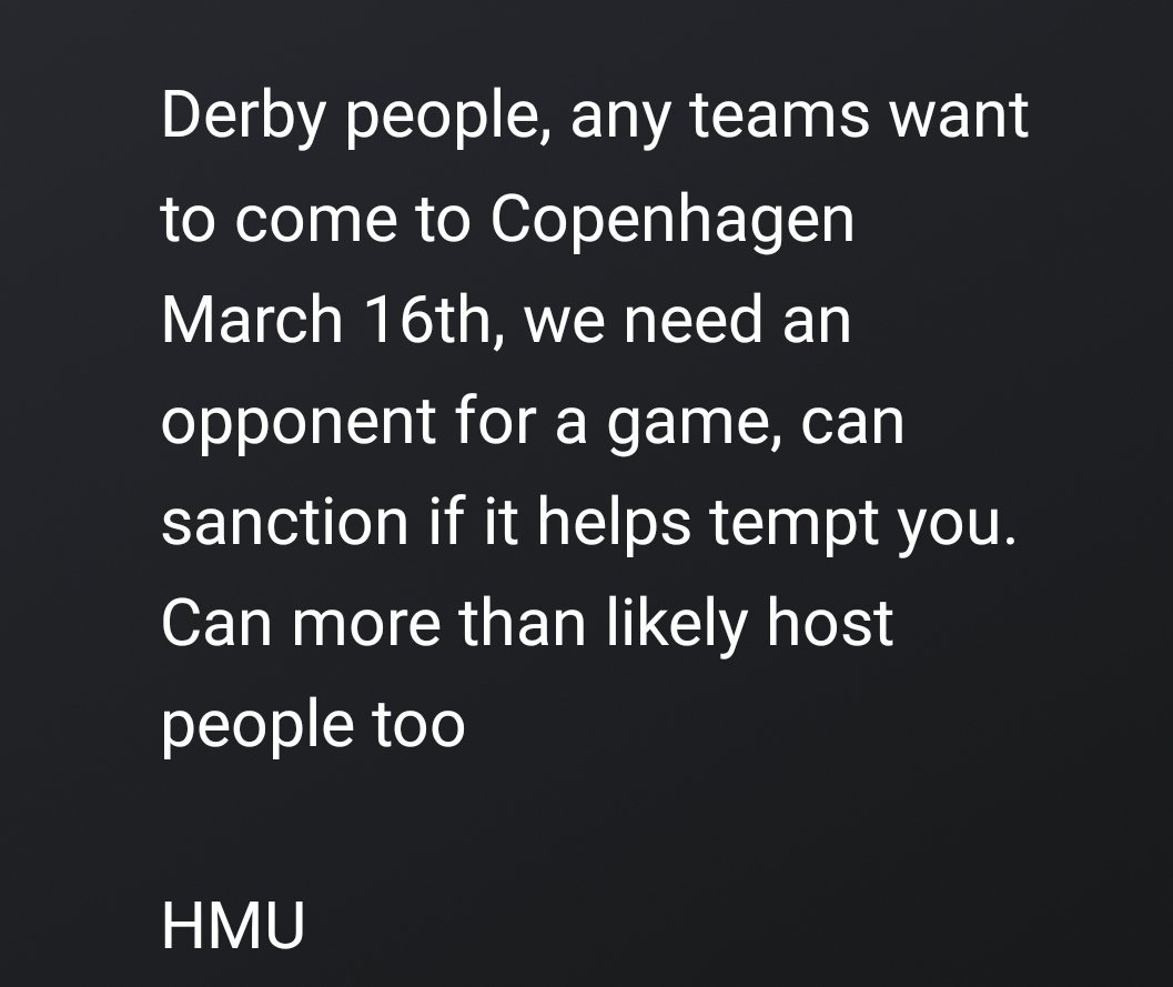 anjafalkvard's tweet photo. Hi #derbytwitter, especially #euroderby - Copenhagen is looking for an opponent for March 16th. We have a venue, we have an afterparty, we have hosting opportunity, we have good times - but we still haven't secured an opponent π₯
#rollerderby #robydoby https://t.co/feBIBiyHhr