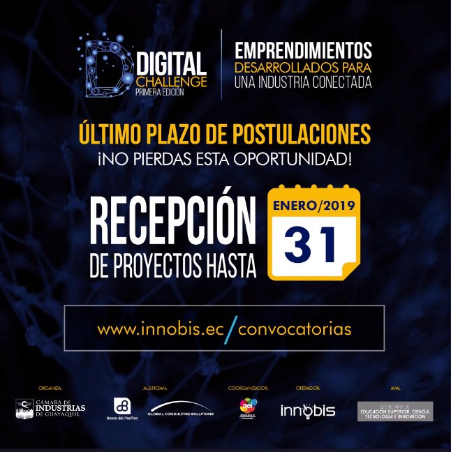 vallovig's tweet image. Hoy 31/01 vence convocatoria #DigitalChallenge d @Industriasgye @innobis_ec. Al momento 83 propuestas registradas en #BancoDeIdeas @EduSuperiorEc @Lenin @xadrianbonilla @CostaCaterina @CampanaPablo @IndustriasEc @aei_ec @ConsorcioNobis @BancoPacificoEC 

👉bancodeideas.gob.ec/convocatoria/v…