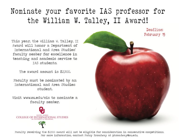Attention all students! We're seeking nominations for the William W. Talley II award, given to the IAS faculty member who has demonstrated excellence in teaching &amp; academic service. Nominate your favorite prof at bit.ly/2Sdb689 by 2/15!