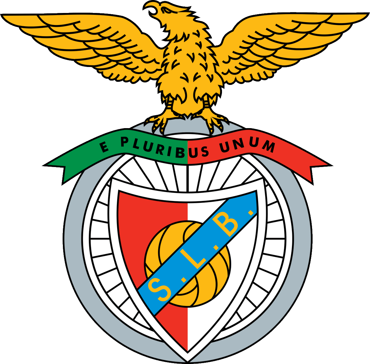 12- Benfica: a águia é símbolo da independência, autoridade e nobreza. A roda da bicicleta representa o ciclismo, uma das primeiras modalidades do clube. A bola de futebol diz respeito ao esporte. A legenda é para união e força conjunta: E Pluribus Unum (de todos um).