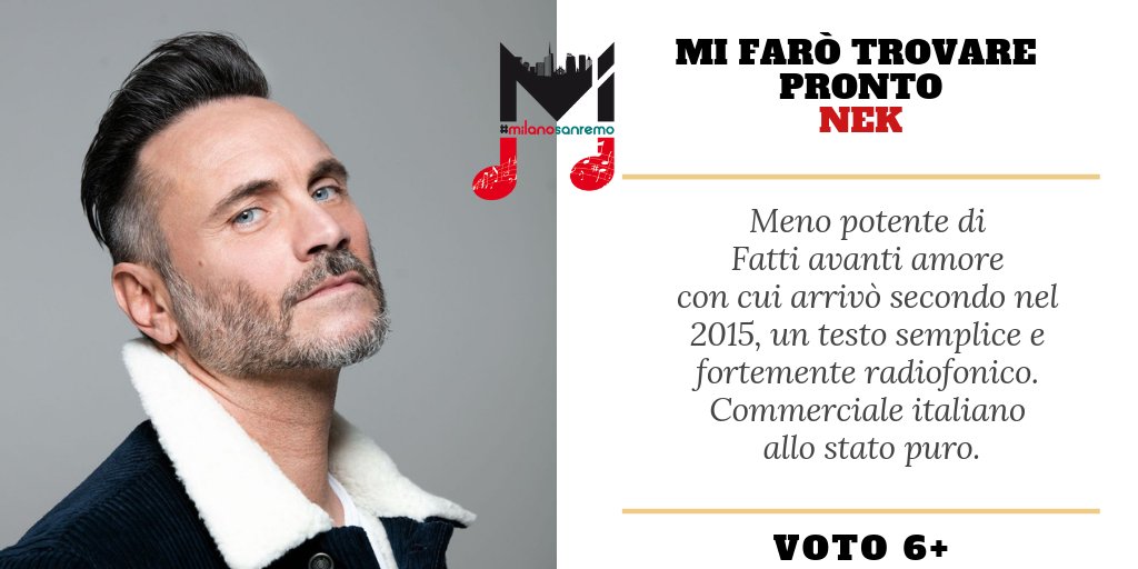 MiTomorrow's tweet photo. Continua il countdown per #sanremo2019 #meno5

Ecco come @c_pradelli ha valutato il brano di @NekOfficial #MiFaròTrovarePronto ascoltato in anteprima per noi

Da lunedì 4 febbraio non perdere lo speciale #MilanoSanremo sulle pagine del quotidiano di #Milano #MiTomorrow https://t.co/RaMC58pr5P