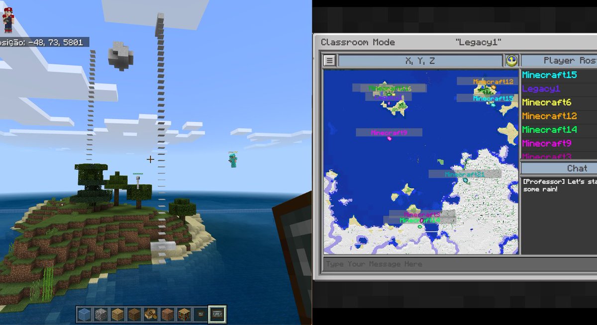 andsalgueiro's tweet photo. An Oceans biome as base, divided in 4 sections for 4 groups and each of my 5th grade classes are starting to represent the water cycle. Make it rain!😏 Any hints on coding for this are welcome! #PaRKIS #MIEExpert #MinecraftEdu @PlayCraftLearn https://t.co/KPpi5Lx4Mk