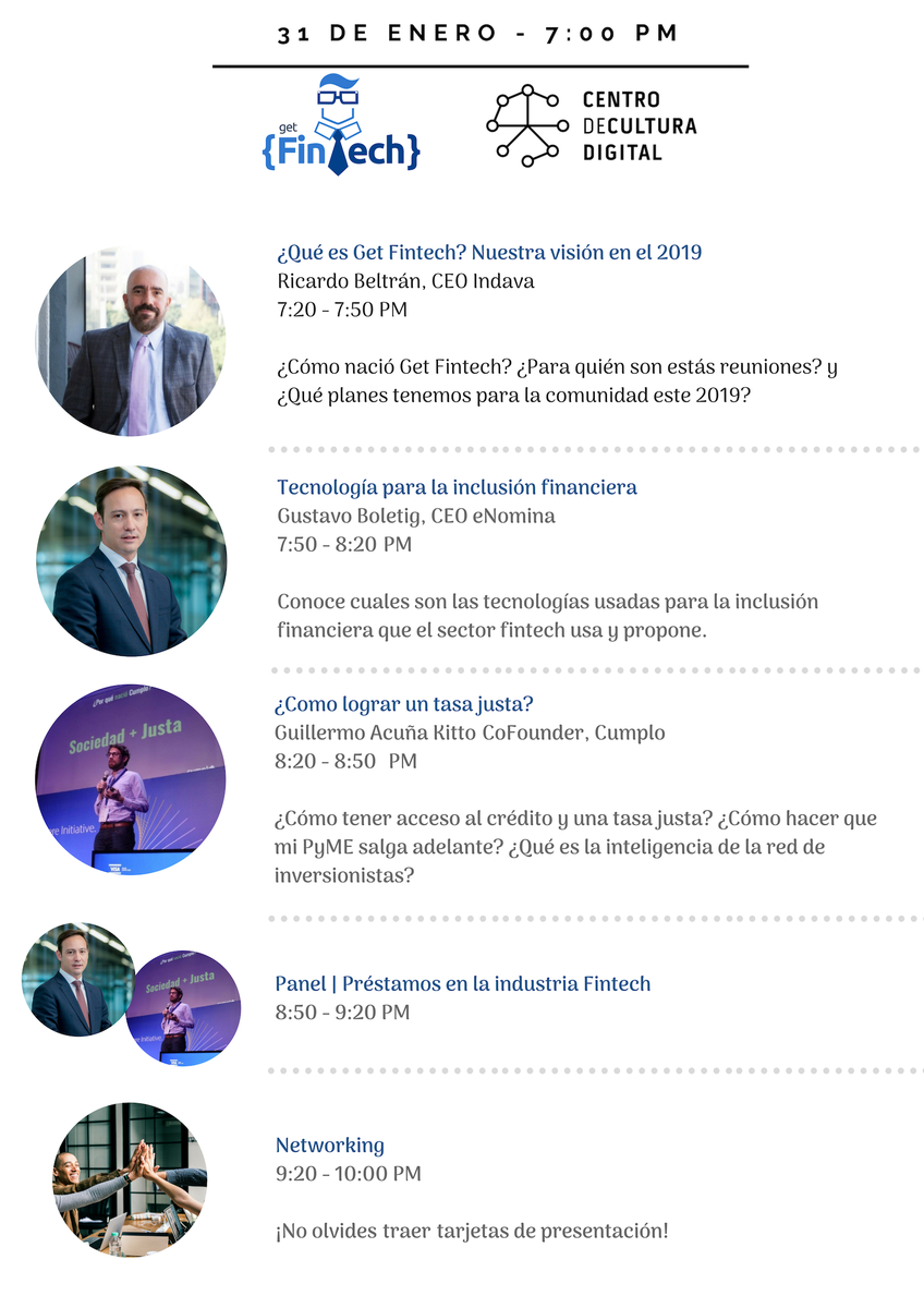 GetFinTech's tweet photo. Hoy #GetFintech tiene su primera reunión del año. 

Te esperamos junto a @CumploMexico | @cumplo y eNomina. Nos vemos en el @CCDmx a las 7 PM, registrate para apartar tu lugar. 

https://t.co/eEbTBLOINj

#Meetup #FinTech https://t.co/AlAaUsW2uE