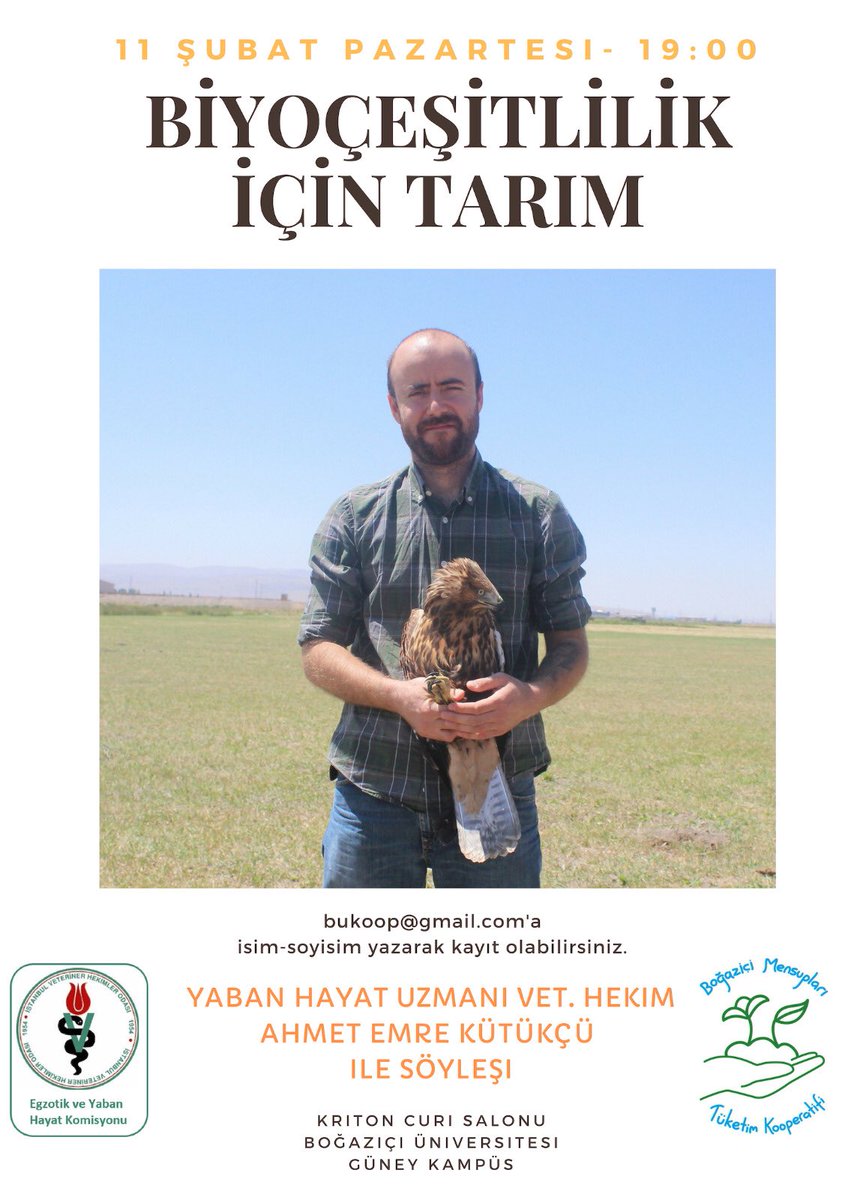 Egzotik ve Yaban Hayat komisyonunuz üyesi Vet. Hek. Ahmet Emre Kütükçü Boğaziçi Üniversitesi’nde @bukoop’un düzenlediği söyleşide biyoçeşitliliği destekleyici tarım uygulamalarını anlatacak. @yabanhayatvet