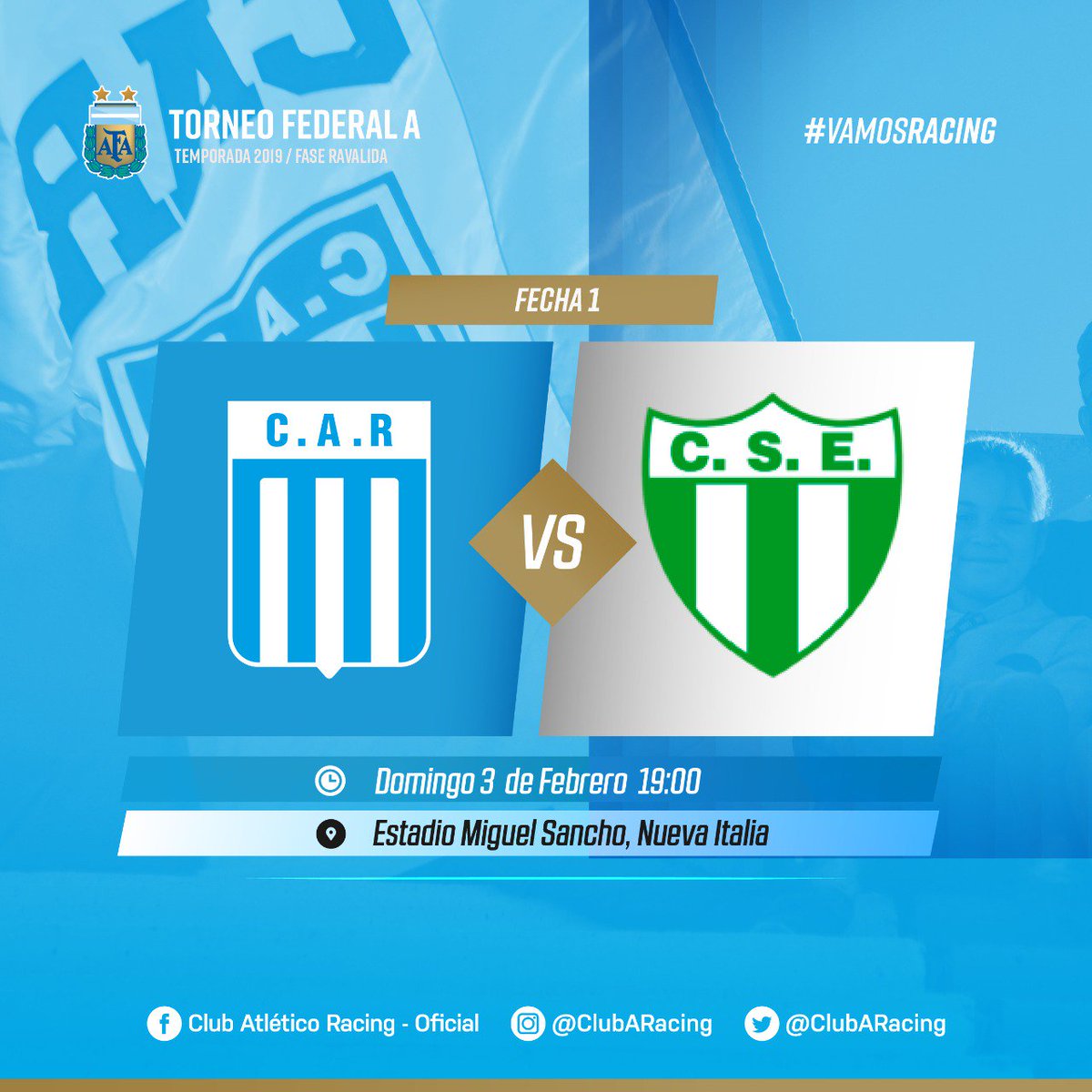 #FederalA | #TodosAlSancho ⚽💪 
#RacingCba 🆚 #EstudiantesSL 
📆 Domingo 3 de Febrero
⏰ 19:00 hs
📌 Estadio Miguel Sancho - Sin público visitante

Socios ingresan con Enero al día