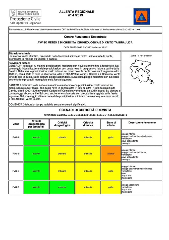 ⚠️⚠️ #allertameteoFVG ⚠️⚠️
DALLE 06 del 01/2 ALLE 12 del 03/2 ALLERTA ARANCIO SU ZONA B E GIALLA SU ZONE A,C,D PER PIOGGE, NEVE, VALANGHE, VENTO, ACQUA ALTA,MAREGGIATE.
ZONA C
#protcivFVG