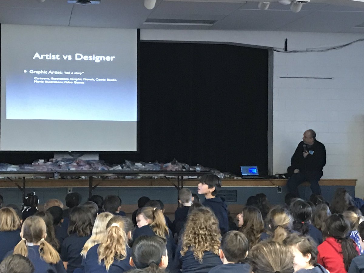 MsLaufenberg's tweet photo. Graphic Artist/Designer/The Graphics Guy...was another visitor for Career Day! A special thank you to Robert Hazelrigg for visiting us and showing us his work! #CatholicSchoolsWeek2019 #careerday https://t.co/BsA77KTalL