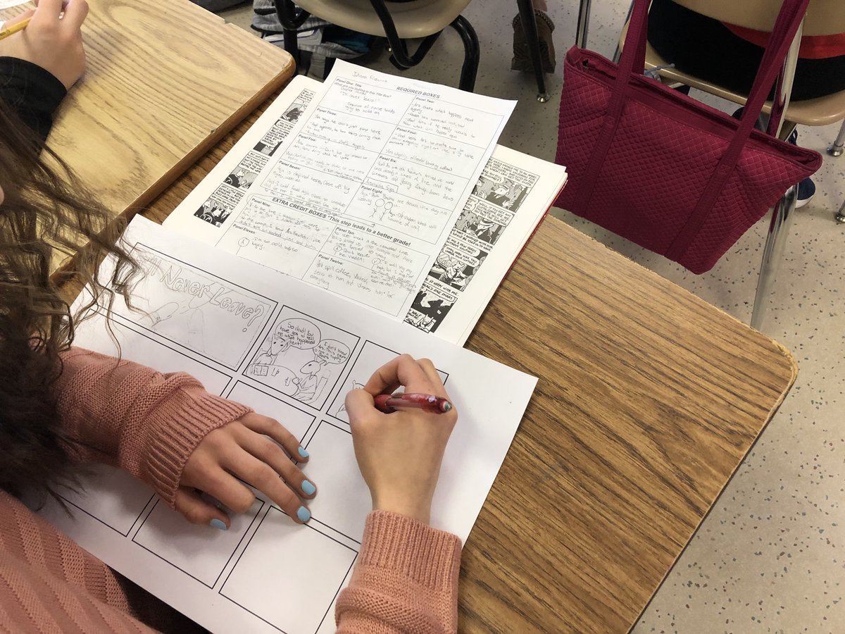 CandaceMcCaffr9's tweet image. Students create frame narrative comics using Art Spiegelman’s graphic novel style to examine character relationships and conflict and to predict events for Maus II. #pvpantherpride #teachingliterature #eighthgradeenglish