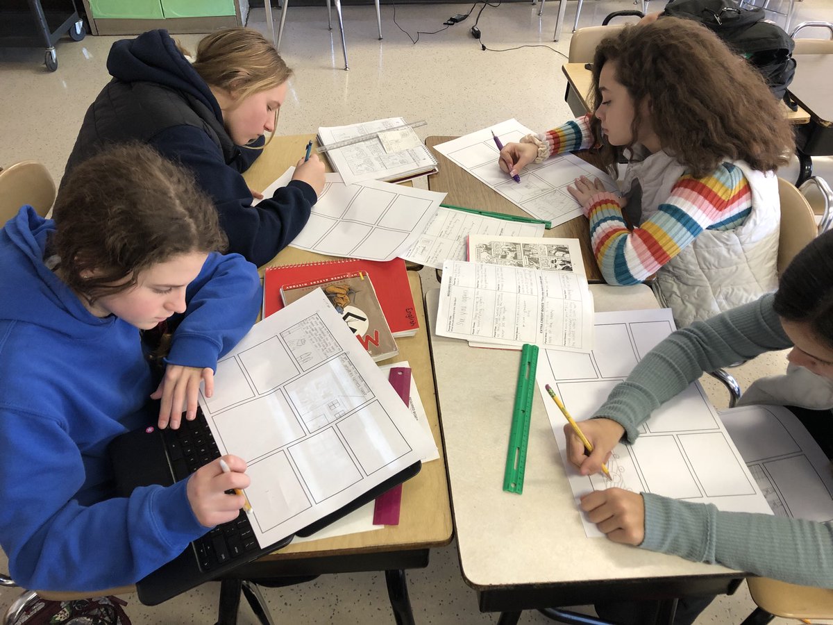 CandaceMcCaffr9's tweet image. Students create frame narrative comics using Art Spiegelman’s graphic novel style to examine character relationships and conflict and to predict events for Maus II. #pvpantherpride #teachingliterature #eighthgradeenglish