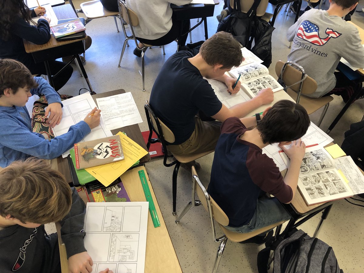 CandaceMcCaffr9's tweet image. Students create frame narrative comics using Art Spiegelman’s graphic novel style to examine character relationships and conflict and to predict events for Maus II. #pvpantherpride #teachingliterature #eighthgradeenglish