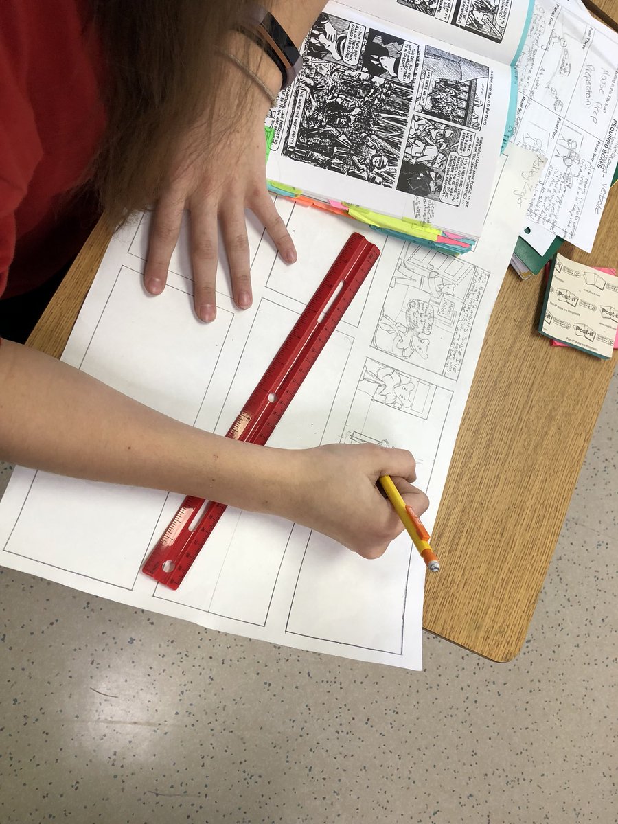 CandaceMcCaffr9's tweet image. Students create frame narrative comics using Art Spiegelman’s graphic novel style to examine character relationships and conflict and to predict events for Maus II. #pvpantherpride #teachingliterature #eighthgradeenglish