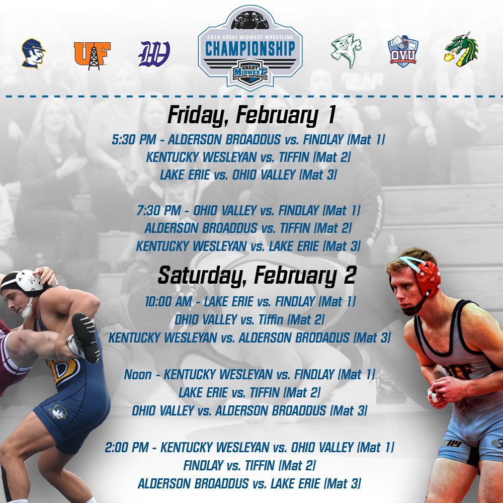 The 1st #GreatMidwest wrestling team champion will be crowned this weekend at Tiffin 🏆🤼‍♂️

#MatMadness is coming to the Heminger Center!

Probable Lineups: bit.ly/2FY1KYd