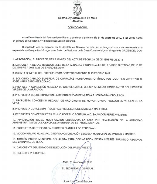 Hoy jueves 31 de enero de 2019 a las 20:00h retransmisión directo #Pleno #Mula #Enero2019 @AyuntamientMula