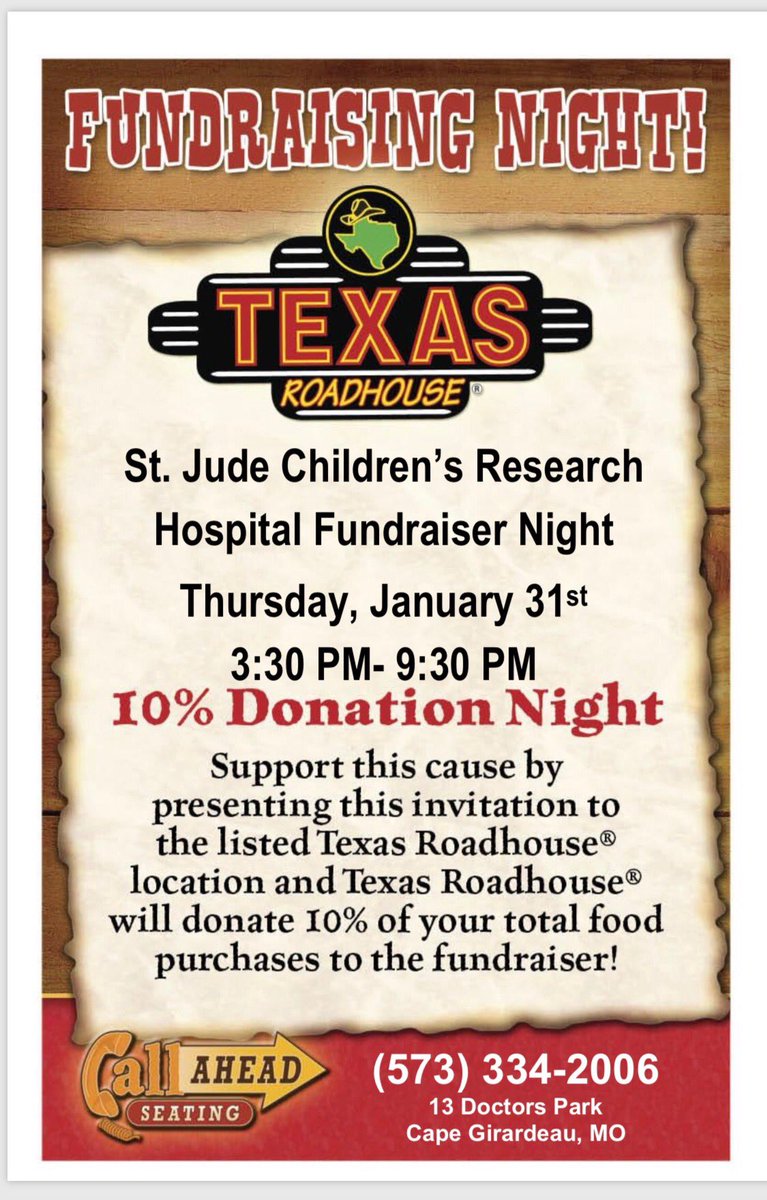 Hey y’all come out to Texas Roadhouse anytime from 3:30-9:30 and help us fundraise for our philanthropy, St. Jude Children’s Research Hospital! We hope to see you there! 💛💙💫