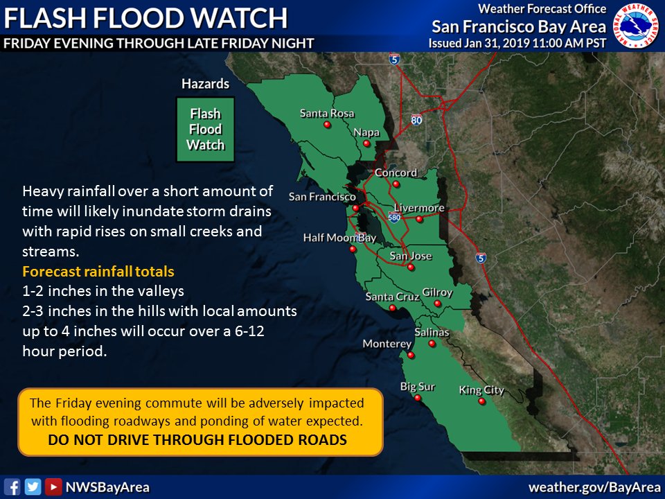 NWSBayArea's tweet image. FLASH FLOOD WATCH IN EFFECT FROM FRIDAY EVENING THROUGH LATE FRIDAY NIGHT
Heavy rainfall over a short amount of time will likely  inundate storm drains with rapid rises on small creeks and streams.  #CArain
forecast.weather.gov/wwamap/wwatxtg…