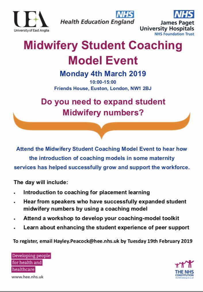 Looking forward to hosting this #midwiferycoaching event with @JPUHEd @UEA_Health & @HEE_EoE Interested in #futuremidwives? Registration now open! @DrKenda @yuffie99 @DavidHuggins66 @UttingJayne