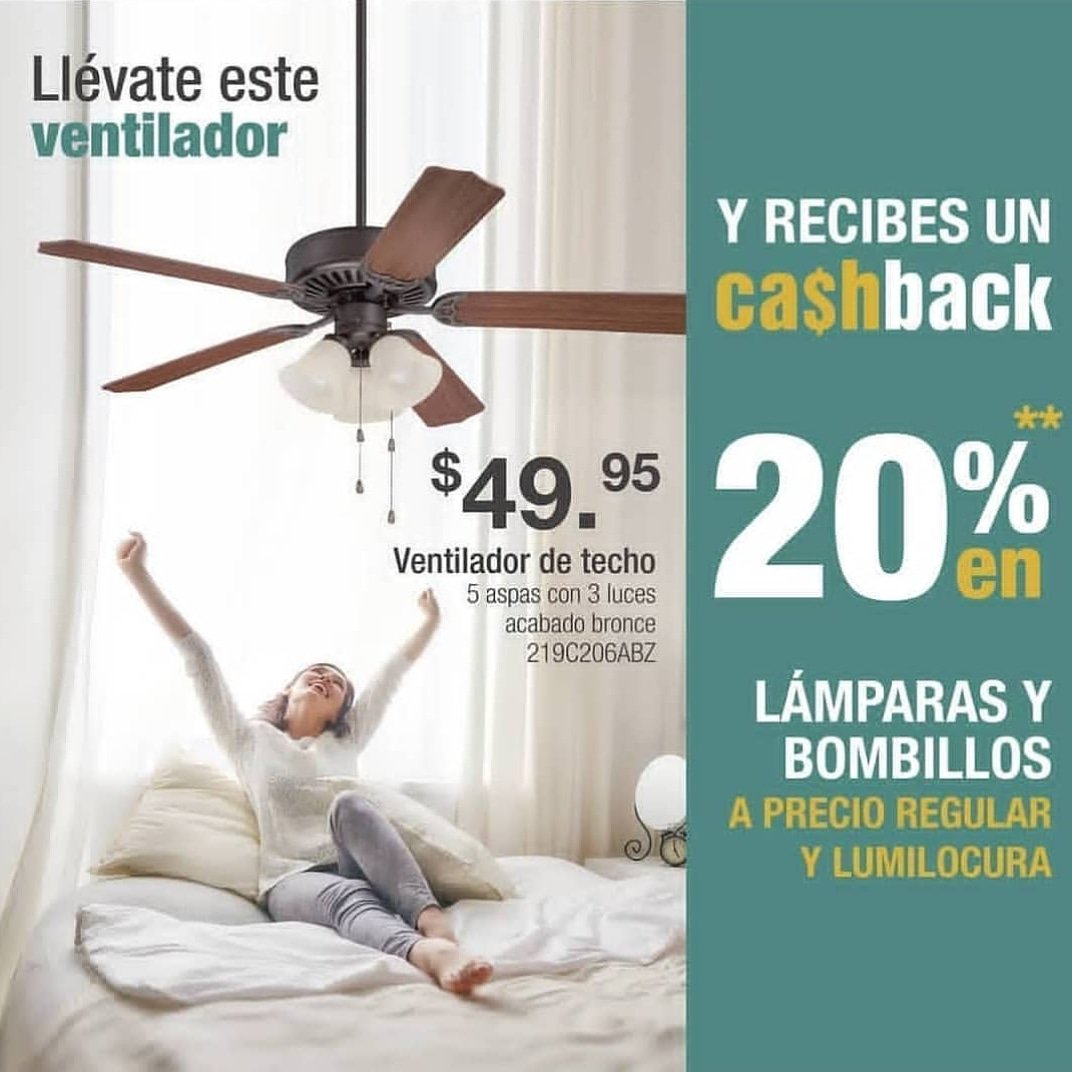 Seguimos de Promoción! Llévate este fantástico ventilador de techo de cinco aspas con tres luces en acabado bronce por $49.95 y recibe un Cashback de 20% en lámparas y bombillos a precio regular y Lumilocura. código:219C206ABZ. 
Promoción vigente hasta el 28 de febrero de 2019