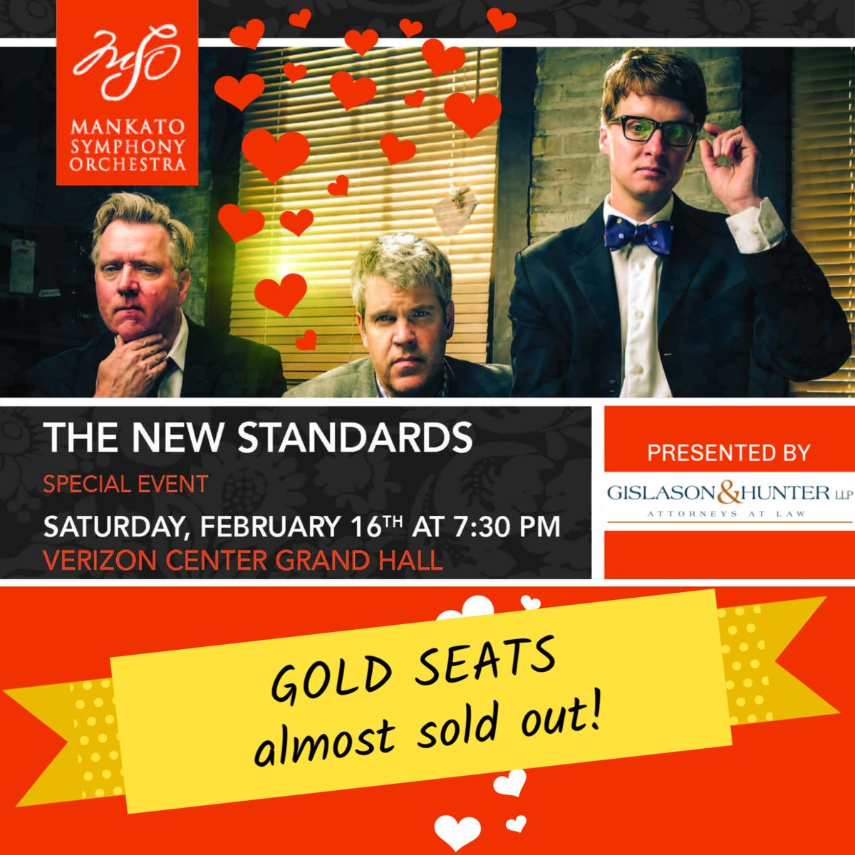 MankatoSymphony's tweet photo. We’re running out of table seating and gold tickets to The New Standards concert at @verizoncentermn. Reserve your premium tickets now before we sell out! 🎫 https://t.co/3pv9PfuvqK #mankato #minnesota #symphony #orchestra #symphonyorchestra #classicalmusic #valentinesday https://t.co/wD0fCD6tD5