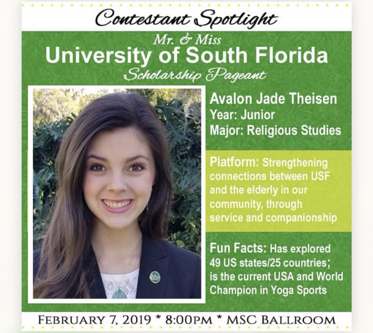 Join us in supporting our sister, Avalon, at the Mr. &amp; Miss University of South Florida Scholarship Pageant on February 7th! Hope to see you there ✨