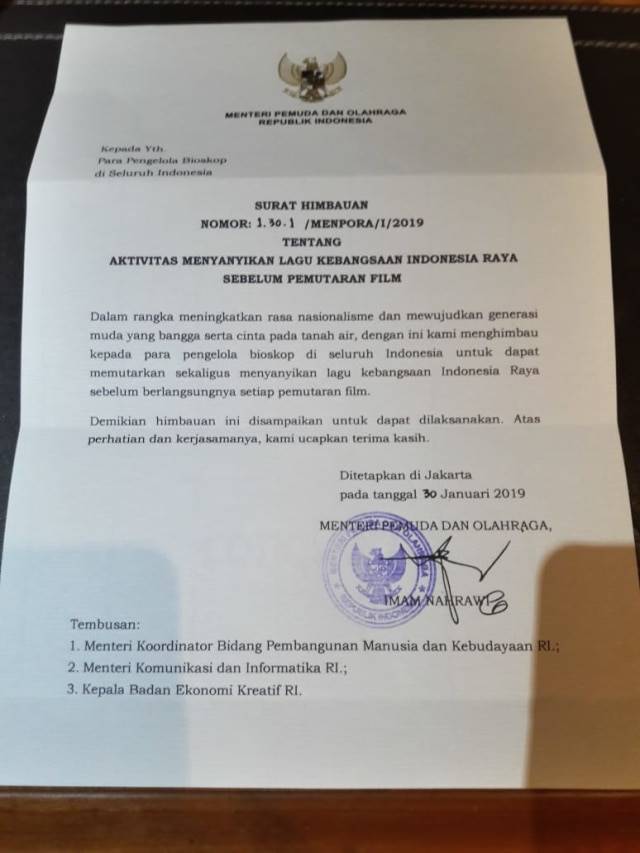 Viral di Medsos, Surat Imbauan Kemenpora Soal Lagu Indonesia Raya