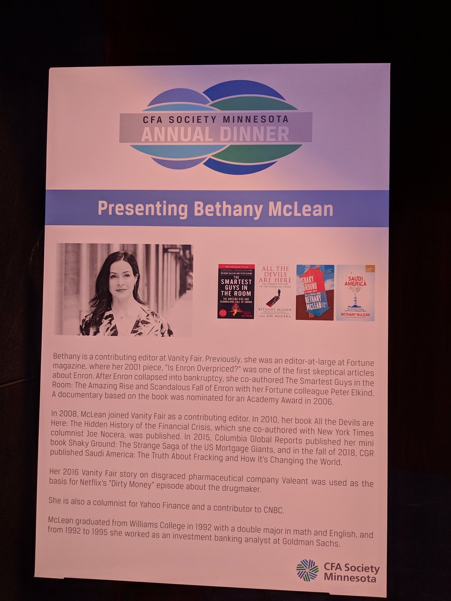 We are coming at you live from the CFA society annual dinner! Tonight we be listening to author Bethany McLean and networking with other professionals. It's shaping up to be a great night!