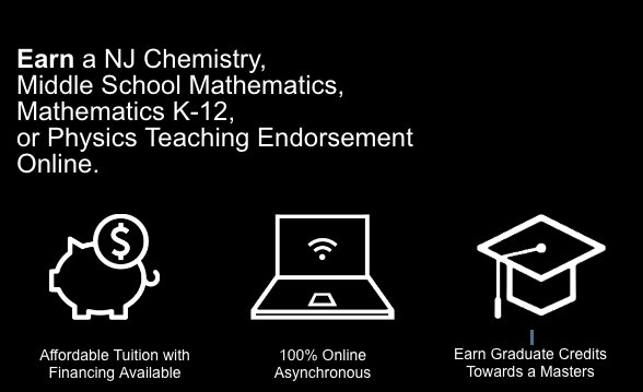 NJCTL (@njctl) on Twitter photo NJ Teachers of any subject can earn a teaching endorsement in Chemistry, Physics, #MiddleSchool Mathematics, or Mathematics K-12 through <a href="/NJCTL/">NJCTL</a>'s online courses. Enroll by 3/1 & start teaching in September!  <a href="/NJEA/">NJEA</a> members receive 20% discount. Learn more: conta.cc/2DKPjMW NJ Teachers of any subject can earn a teaching endorsement in Chemistry, Physics, #MiddleSchool Mathematics, or Mathematics K-12 through <a href="/NJCTL/">NJCTL</a>'s online courses. Enroll by 3/1 & start teaching in September!  <a href="/NJEA/">NJEA</a> members receive 20% discount. Learn more: conta.cc/2DKPjMW