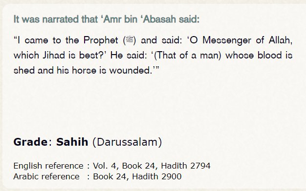 “I came to the Prophet (ﷺ) and said: ‘O Messenger of Allah, which Jihad is best?’ He said: ‘(That of a man) whose blood is shed and his horse is wounded.’” https://sunnah.com/urn/1276430 