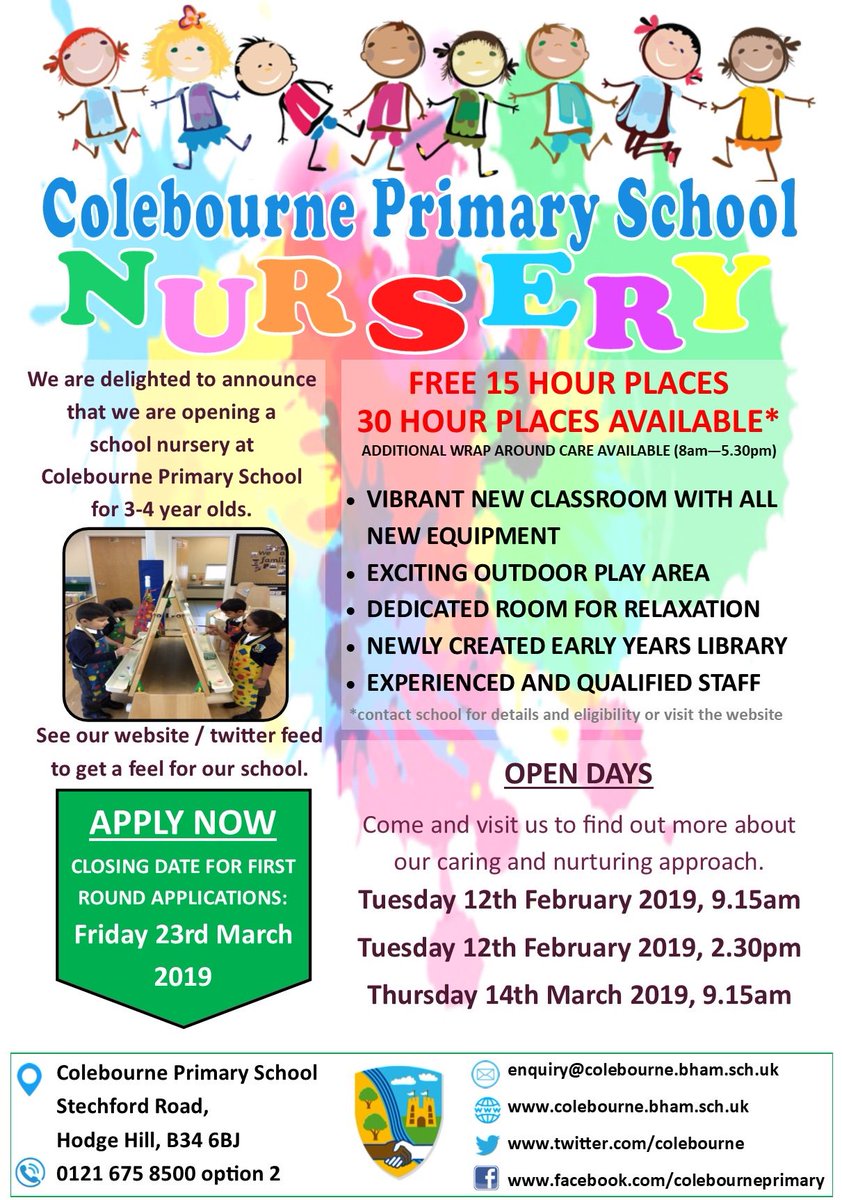 Colebourne Primary School (@colebourne) on Twitter photo We are opening a new Nursery in September 2019 - Applications for places for children are now open. See the school website for details. Please share and Re-tweet. Thank you. We are opening a new Nursery in September 2019 - Applications for places for children are now open. See the school website for details. Please share and Re-tweet. Thank you.