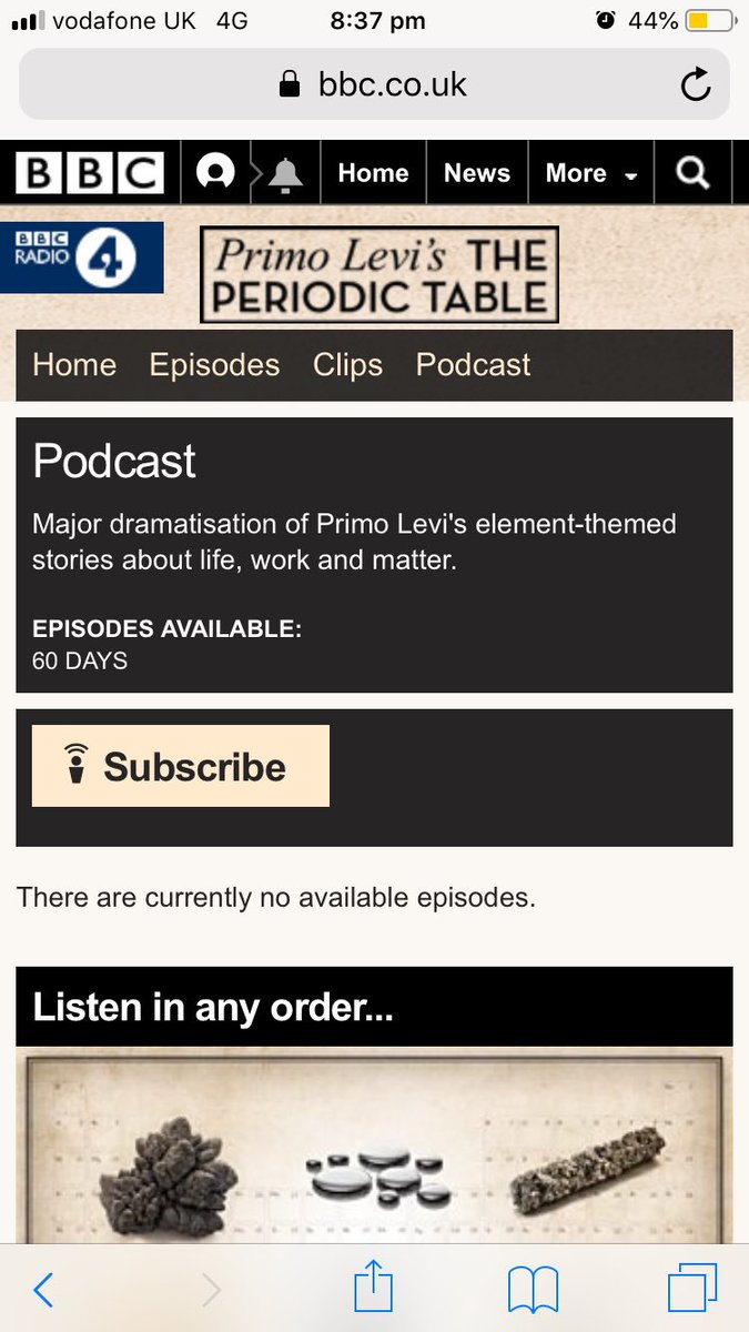 tonabrad's tweet photo. Can anyone tell me why we can’t access these at the minute- it is international year of the periodic table after all @BBCRadio4 @RSC_EiC @iypt2019 https://t.co/Z3kJ47ximy