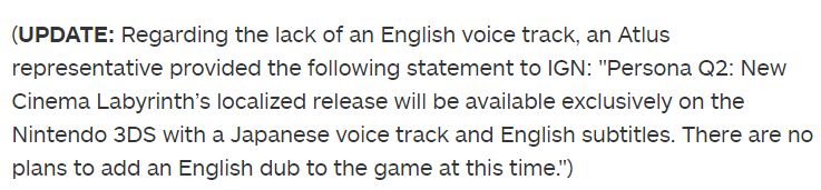 Persona_Central's tweet photo. Statement provided to IGN by Atlus concerning the lack of an English dub in the Western release of Persona Q2: New Cinema Labyrinth.

https://t.co/Vus1jipWis https://t.co/Bn5dFhw3iV