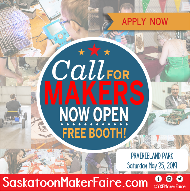 ⭐️  CALL FOR MAKERS is now OPEN!  ⭐️  
New and returning #Makers are invited to APPLY ONLINE and be part of the  next Saskatoon Mini Maker Faire on Saturday May 25 at Prairieland Park.  
 saskatoon.makerfaire.com/call-for-maker… 
#yxe #Saskatoon #Make #sask #livingyxe #learn #hack #innovate #kids