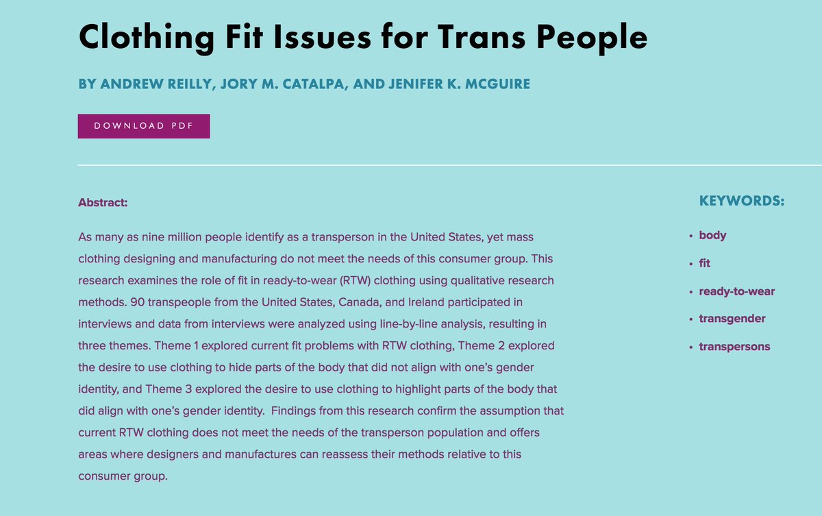 Fashion Studies' first article as part of Issue 1, Volume 2 is NOW ONLINE.

Read "Clothing Fit Issues for Trans People" by Dr. Andrew Reilly, Jory M. Catalpa, &amp; Dr. Jenifer K McGuire here: fashionstudies.ca/clothing-fit-i… ….

#fashionresearch #fashionstudies #fashionsocialchange #OA