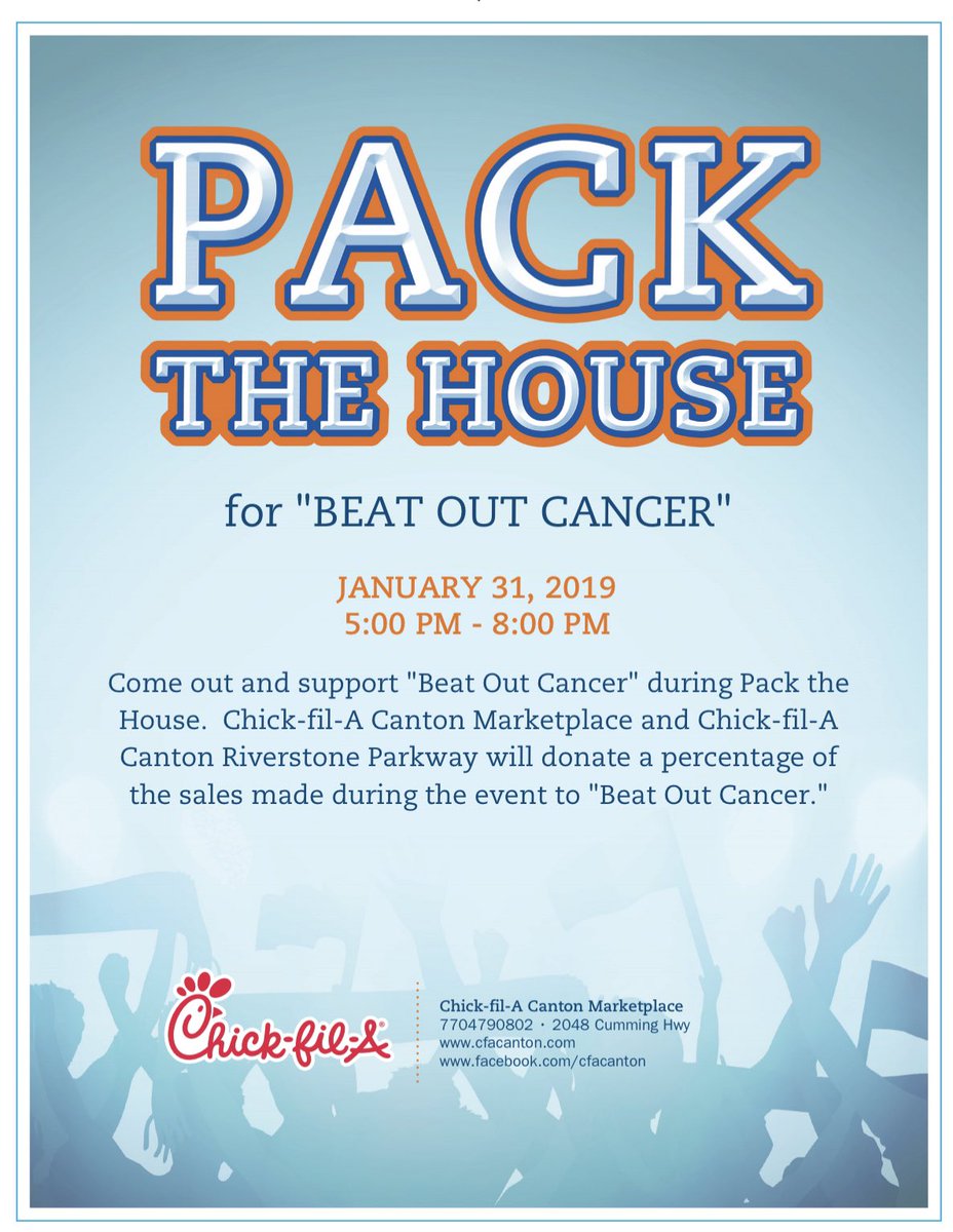 The Cherokee High Beat Out Cancer Club is hosting a fundraiser at BOTH Canton locations of <a href="/ChickfilA/">Chick-fil-A, Inc.</a>  — please come out and support our fundraising by getting a great dinner tonight from 5-8.  Just say you are there for the fundraiser!  Thanks sooo much!