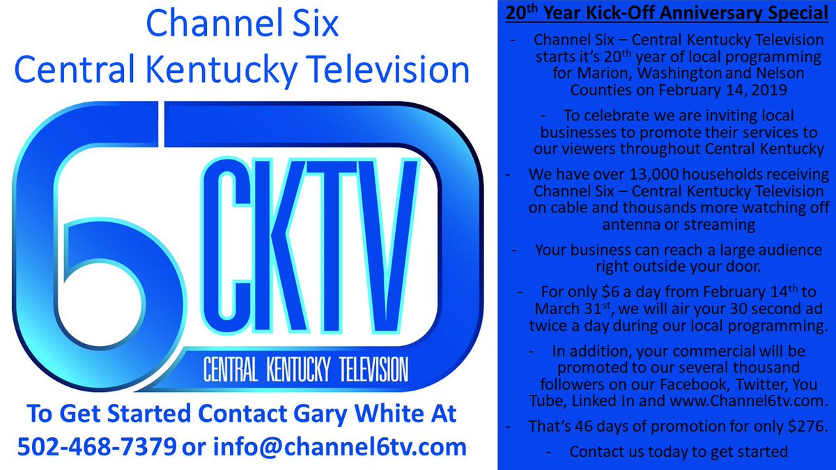 ky_standard's tweet image. #6tv Channel Six TV starts it’s 20th year of local broadcasting this February.
To celebrate we are offering a special Anniversary Advertising deal.
Let Channel Six TV help promote your business for only $6.00 a day!
Contact us at 270-692-0237, 502-468-73…