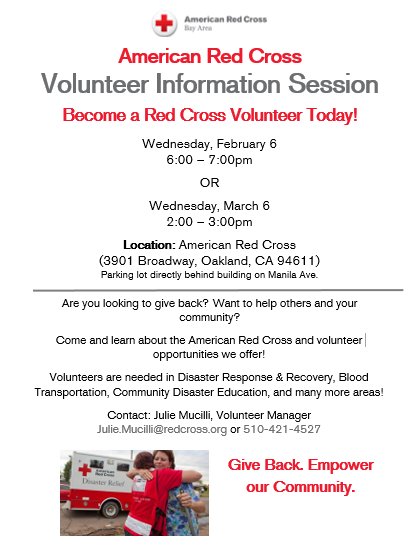 RedCrossNorCal's tweet photo. Are you looking to give back? Want to help others and your community? Come and learn about the American Red Cross and volunteer opportunities we offer! Volunteers are needed in Disaster Response &amp; Recovery, Blood Transportation, Community Disaster Education, and many more areas! https://t.co/VJZcXUJXMb