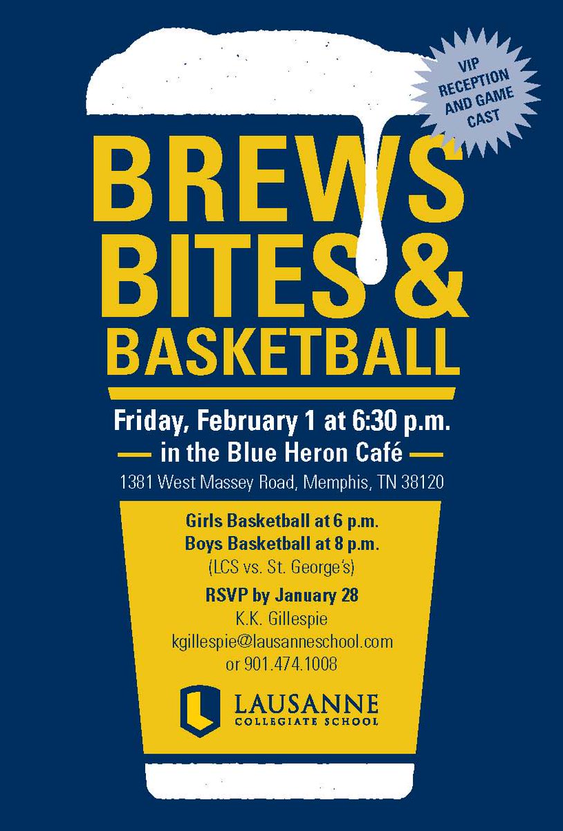 LausanneAlumni's tweet photo. Memphis alums: Come join us tomorrow for Brews, Bites and Basketball starting at 6:30 p.m. and watch @LausanneBoysBB @LausanneGirlsBB vs. St. George's #AlwaysALynx @LausanneLynx https://t.co/qH26OT8ToK