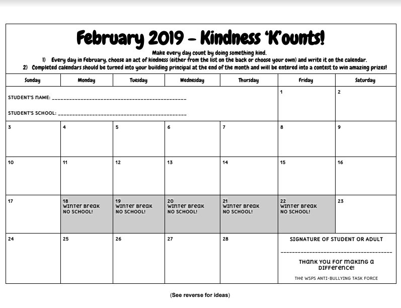 West Springfield Public Schools On Twitter The Wsps Anti Bullying Task Force Kindness K Ounts Calendar Was Distributed To Students In Grades K 12 Today Look For Info On Https T Co F3rnq0nd4m News Updates Students Who West Springfield Public School Calendar