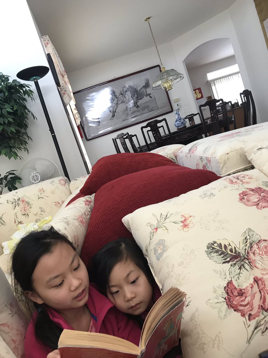 FranychengWang's tweet photo. We actually ventured out to grandpa and grandma’s house today, but made sure we brought our books 🤗 The girls built a cozy reading nook before reading 🤣 and are enjoying the Chinese New Year decorations in the background @GroveAve220 @MrsBoschatGrove @MrsChangGrove #grovereads https://t.co/zZyZRvstBv