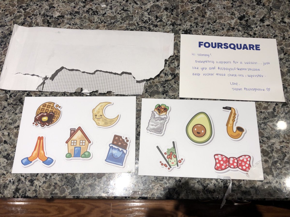 FieryPhoenix's tweet photo. My #10daysofswarmstickers stickers! Minus the bow tie that got attacked during transport. ๐ซ๐ซ๐ซ BUT AARON BURRITO IS OKAY โค๏ธ Thank you for the handwritten card, @SwarmApp. Tell the person their handwriting is ๐ฅ! ๐ #swarm #swarmapp #foursquare https://t.co/7NHBO6jcB6