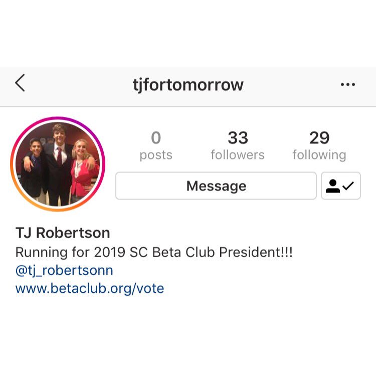 RHHSBetaClub's tweet photo. Our very own TJ Robertson is running for President of SC Beta! Please follow him and support his campaign #TJFortomorrow #scbeta #beta #betaclub #rhhsbeta #2019betaconvention #countdowntoconvention https://t.co/LJbtZm7zRZ