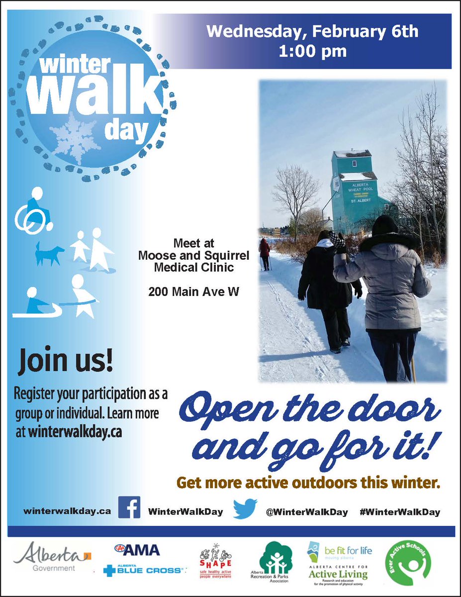 P2PExercise's tweet photo. Come join us at one of our 3 locations for #WinterWalkDay2019 on 
February 6, 2019! Look for one of our PCN or clinic staff at each location to join the in the winter walk. @CLC_FITNESS @TownOfOlds @TownofSundre https://t.co/lGU7vhL3id