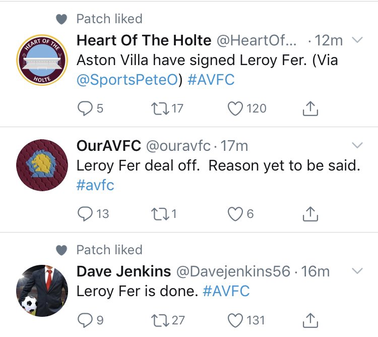 JoeReed12's tweet photo. The joy of twitter on deadline day. Everyone’s an expert. #avfc #leroyfer #onoffonoff https://t.co/f3wpvAG2hZ